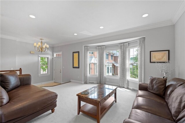 228 Highpointe Dr, Pittsburgh, PA 15220 - living room featuring light colored carpet, a chandelier, ornamental molding, and recessed lighting