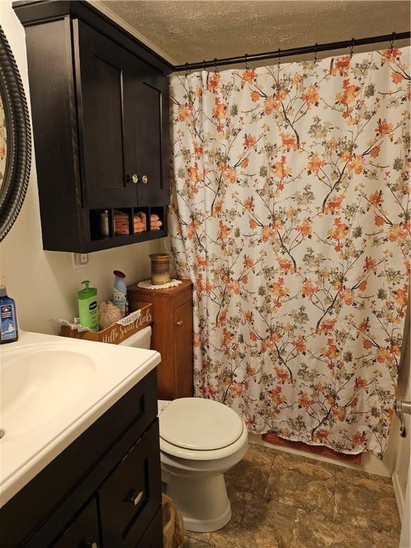 170 Laidleys Run Rd, West Finley, PA 15376 - bathroom with vanity, a textured ceiling, and a shower with shower curtain