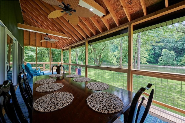 214 Youngs Ln, Sugarcreek, PA 16323 - sunroom / solarium with a ceiling fan, vaulted ceiling, and a water view