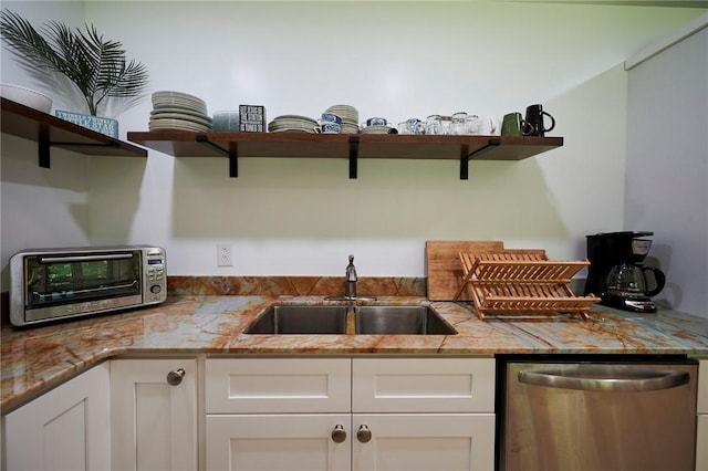 214 Youngs Ln, Sugarcreek, PA 16323 - kitchen with open shelves, stainless steel dishwasher, white cabinets, and light stone counters