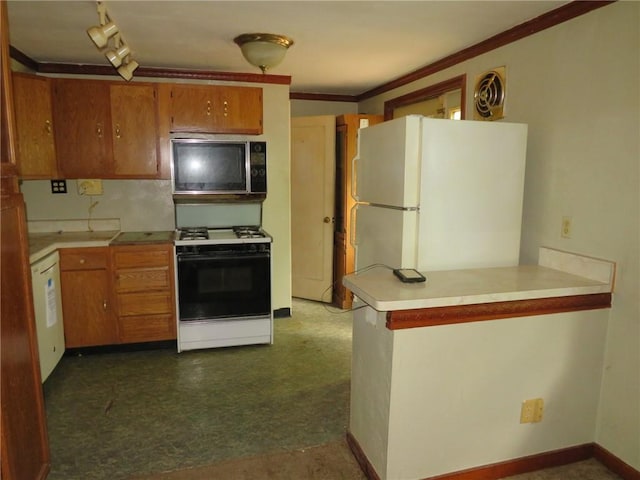 150 Marshall Dr, Penn Hills, PA 15235 - kitchen with white appliances, brown cabinetry, light countertops, crown molding, and dark flooring