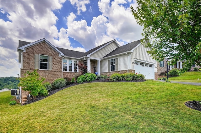 106 High Pointe Dr, Chartiers, PA 15301 - ranch-style house with brick siding, an attached garage, a front yard, driveway, and a shingled roof
