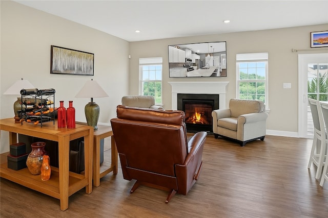 106 High Pointe Dr, Chartiers, PA 15301 - living room with wood finished floors, healthy amount of natural light, a glass covered fireplace, and recessed lighting