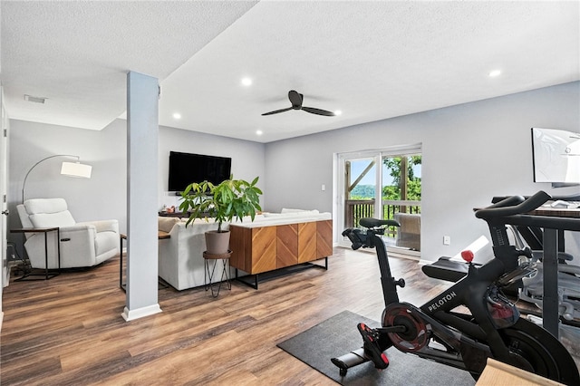 1206 Carla Dr, Blawnox, PA 15238 - workout area with wood finished floors, a ceiling fan, recessed lighting, and a textured ceiling