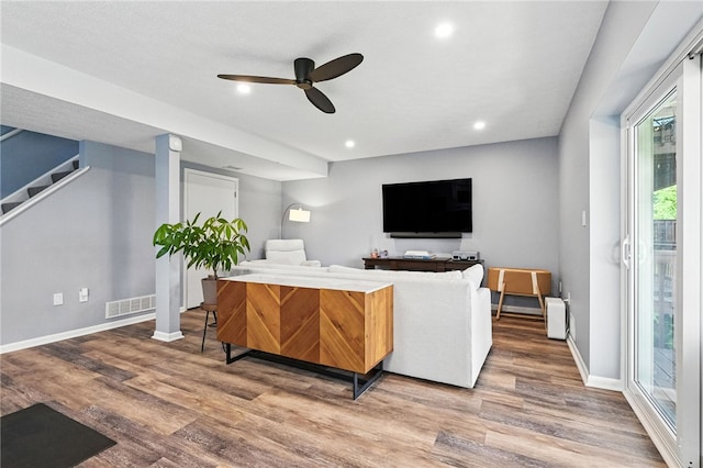 1206 Carla Dr, Blawnox, PA 15238 - living room with ceiling fan, healthy amount of natural light, wood finished floors, and recessed lighting