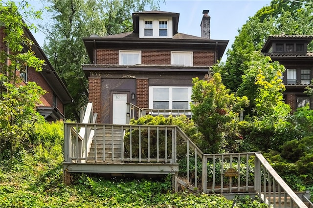 5248 Beelermont Pl, Squirrel Hill, PA 15217 - back of house with brick siding, a chimney, and a deck