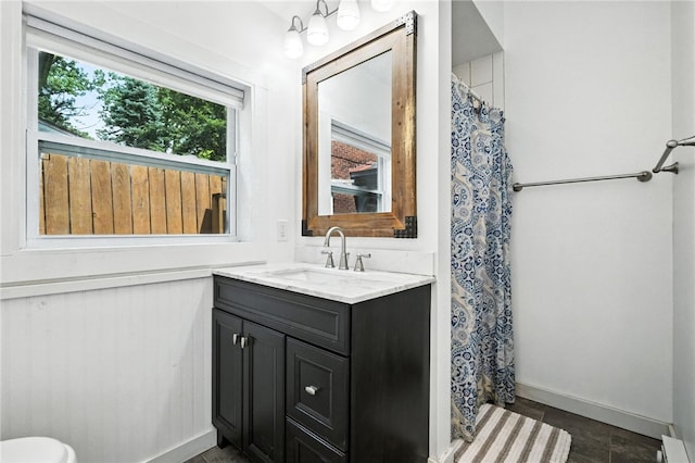 5248 Beelermont Pl, Squirrel Hill, PA 15217 - bathroom with vanity, a baseboard heating unit, and a shower with curtain