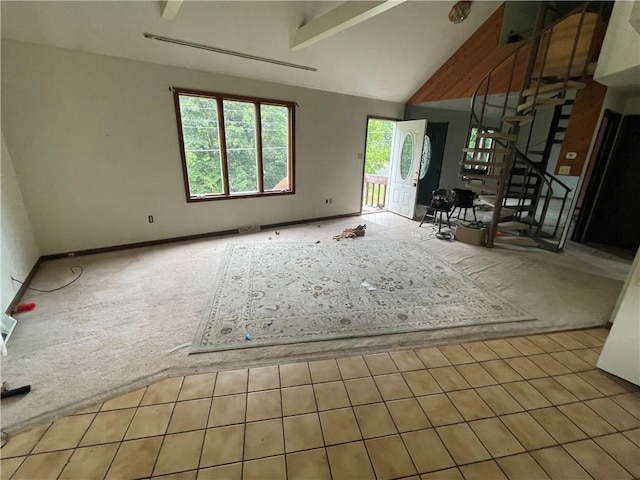 262 Twin Bridges Rd, Charleroi Boro, PA 15022 - unfurnished living room featuring high vaulted ceiling, carpet, stairway, and beamed ceiling
