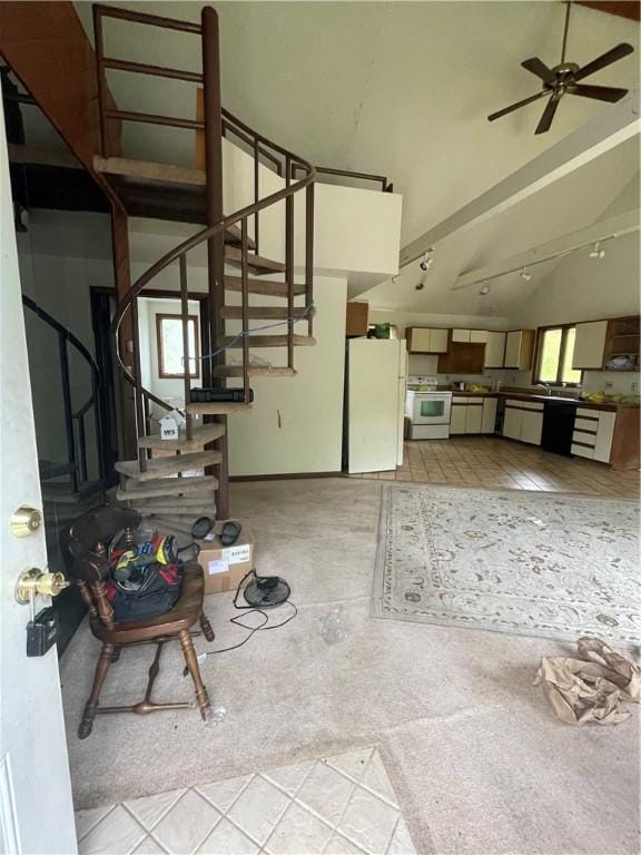 262 Twin Bridges Rd, Charleroi Boro, PA 15022 - unfurnished living room featuring stairs, ceiling fan, and high vaulted ceiling