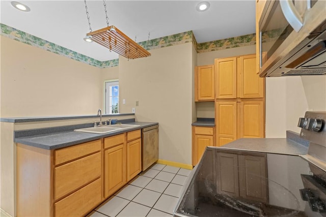213 Pennsylvania Ave, Emsworth, PA 15202 - kitchen with appliances with stainless steel finishes, a peninsula, dark countertops, light tile patterned floors, and recessed lighting