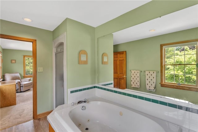 115 Barrett Dr, Brighton Twp, PA 15009 - full bathroom featuring a tub with jets, a stall shower, wood finished floors, connected bathroom, and recessed lighting