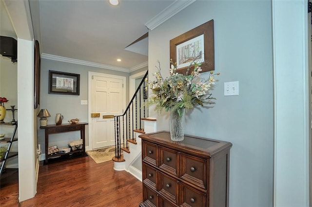 79 W Manilla Ave, Green Tree, PA 15220 - foyer with dark wood-style floors, stairway, crown molding, and recessed lighting