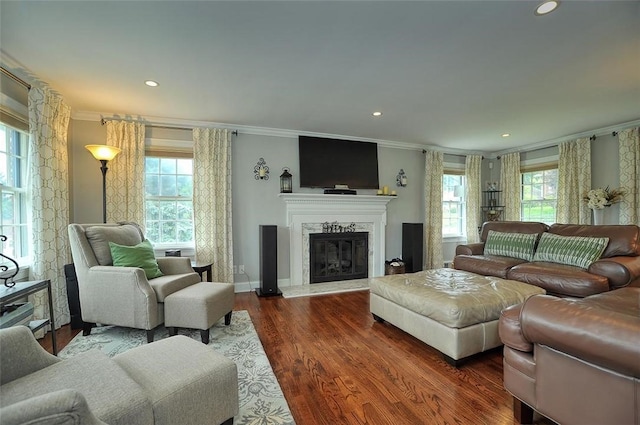 79 W Manilla Ave, Green Tree, PA 15220 - living room with crown molding, a high end fireplace, wood finished floors, and recessed lighting