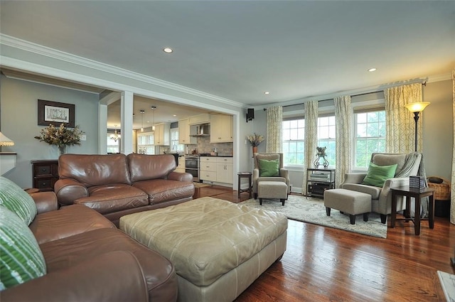 79 W Manilla Ave, Green Tree, PA 15220 - living area with crown molding, dark wood-type flooring, and recessed lighting