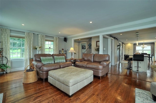 79 W Manilla Ave, Green Tree, PA 15220 - living room featuring a barn door, dark wood-style floors, crown molding, recessed lighting, and a chandelier