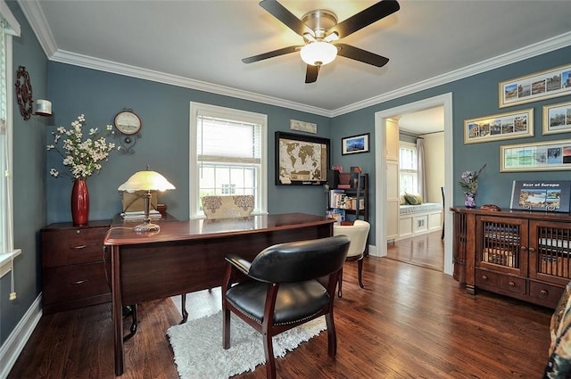 79 W Manilla Ave, Green Tree, PA 15220 - office area featuring plenty of natural light, wood finished floors, ornamental molding, and a ceiling fan