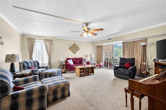 2120 Greentree Rd Unit 610E, Pittsburgh, PA 15220 - living area featuring ornamental molding, a ceiling fan, carpet, and a textured ceiling