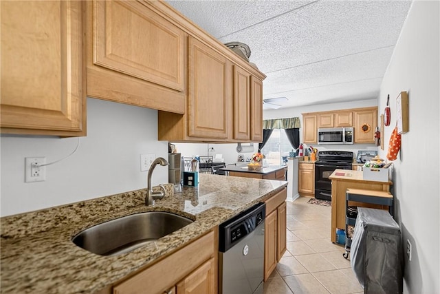 2120 Greentree Rd Unit 610E, Pittsburgh, PA 15220 - kitchen with appliances with stainless steel finishes, light tile patterned floors, light stone countertops, a ceiling fan, and a textured ceiling