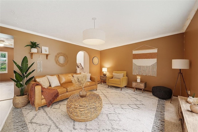 437 Shady Ridge Dr, Monroeville, PA 15146 - carpeted living area featuring arched walkways and crown molding