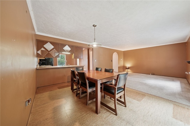 437 Shady Ridge Dr, Monroeville, PA 15146 - dining space with arched walkways, a textured ceiling, ornamental molding, and carpet flooring