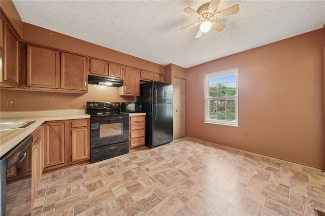 437 Shady Ridge Dr, Monroeville, PA 15146 - kitchen featuring black appliances, under cabinet range hood, light countertops, ceiling fan, and brown cabinetry