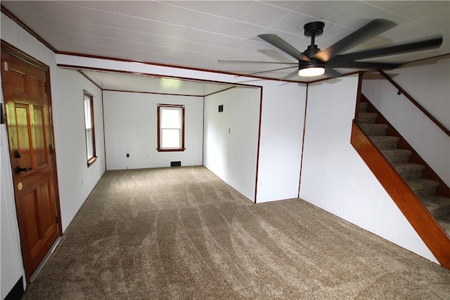 216 Duffy Dr, Moon/Crescent Twp, PA 15108 - empty room featuring carpet floors, stairs, ceiling fan, and ornamental molding
