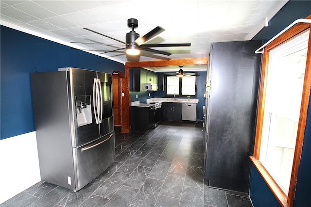 216 Duffy Dr, Moon/Crescent Twp, PA 15108 - kitchen featuring stainless steel appliances, ceiling fan, light countertops, and dark marble finish flooring