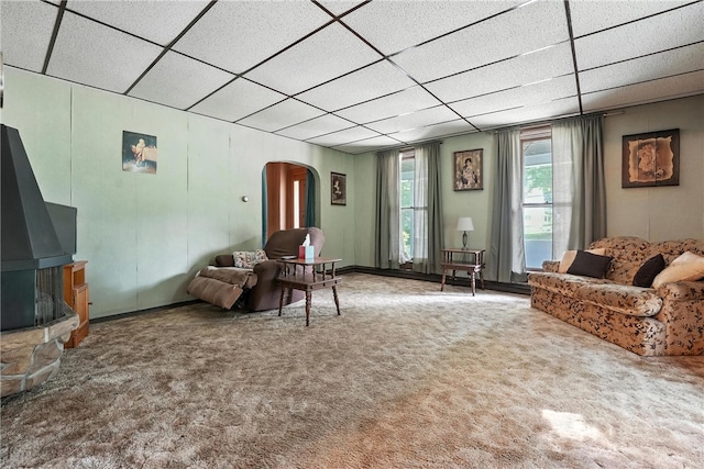 339 E Market St, Mercer Boro, PA 16137 - living area with arched walkways, a drop ceiling, and carpet