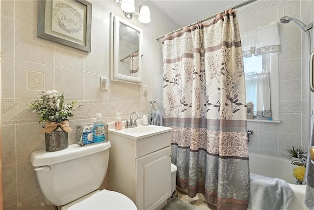 231 E N St, Mercer Boro, PA 16137 - bathroom featuring tile walls, vanity, and shower / tub combo with curtain