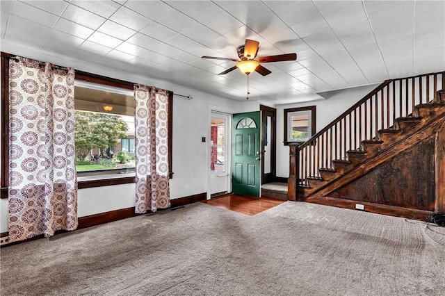 200 38th St, Beaver Falls, PA 15010 - foyer entrance featuring carpet floors, stairway, and ceiling fan