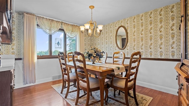11 Sunnycrest Dr, Cecil, PA 15321 - dining space featuring wallpapered walls, a chandelier, and wood finished floors