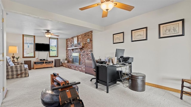 11 Sunnycrest Dr, Cecil, PA 15321 - carpeted living area with a ceiling fan, a desk, a brick fireplace, and beam ceiling