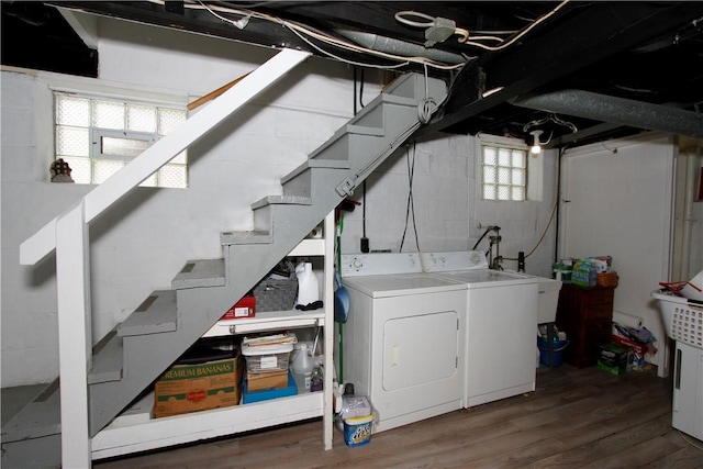 731 Kewanna Ave, Mt Lebanon, PA 15234 - below grade area featuring separate washer and dryer, stairway, and wood finished floors