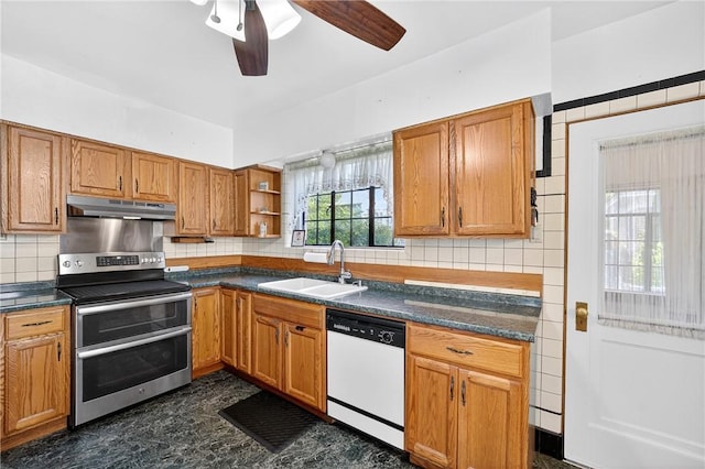 510 7th St, Patterson Heights, PA 15010 - kitchen featuring range with two ovens, white dishwasher, dark countertops, open shelves, and decorative backsplash