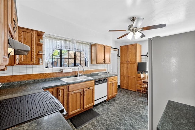 510 7th St, Patterson Heights, PA 15010 - kitchen featuring backsplash, white appliances, dark countertops, a ceiling fan, and brown cabinetry
