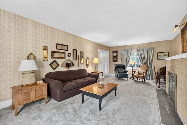510 7th St, Patterson Heights, PA 15010 - carpeted living area with a brick fireplace and wallpapered walls