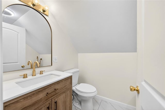 545 Vanderbilt Rd, Dunbar Twp, PA 15425 - half bathroom featuring vanity, lofted ceiling, and marble finish flooring