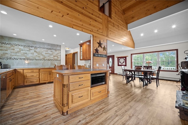 1419 Bullion Rd, Victory Twp, PA 16342 - kitchen with light wood-style floors, recessed lighting, appliances with stainless steel finishes, and decorative backsplash