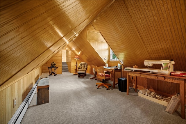 1419 Bullion Rd, Victory Twp, PA 16342 - carpeted office space with wood walls, baseboard heating, and vaulted ceiling