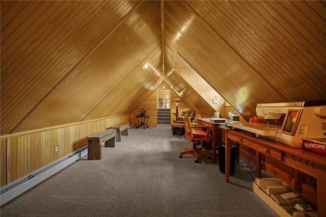 1419 Bullion Rd, Victory Twp, PA 16342 - office space with a baseboard radiator, wood walls, vaulted ceiling, carpet floors, and wooden ceiling