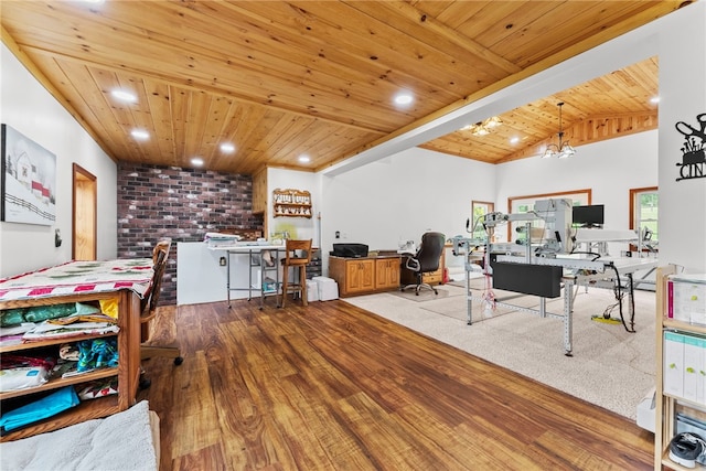 1419 Bullion Rd, Victory Twp, PA 16342 - home office featuring wood finished floors, wood ceiling, lofted ceiling, and recessed lighting