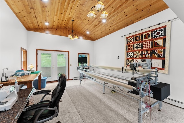 1419 Bullion Rd, Victory Twp, PA 16342 - office with carpet flooring, lofted ceiling, wooden ceiling, recessed lighting, and a chandelier