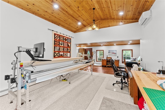 1419 Bullion Rd, Victory Twp, PA 16342 - misc room with wooden ceiling, vaulted ceiling, recessed lighting, wood finished floors, and an AC wall unit