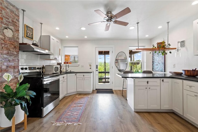 2212 Freeport Rd, Harmar, PA 15238 - kitchen featuring appliances with stainless steel finishes, light wood-type flooring, dark countertops, ceiling fan, and under cabinet range hood