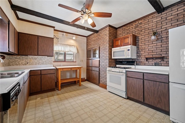 4614 Carroll St, Bloomfield, PA 15224 - kitchen with white appliances, beam ceiling, light floors, light countertops, and ceiling fan