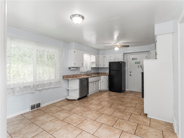 4183 Marion Hill Rd, Daugherty Twp, PA 15066 - kitchen featuring ceiling fan, freestanding refrigerator, white cabinets, dishwasher, and stone countertops