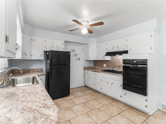 4183 Marion Hill Rd, Daugherty Twp, PA 15066 - kitchen featuring ceiling fan, black appliances, backsplash, a warming drawer, and white cabinetry