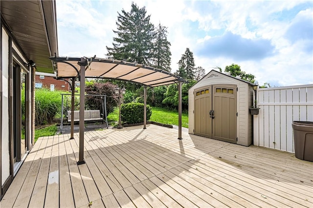 4045 Blue Willow, Hempfield Twp, PA 15642 - deck featuring a storage unit, a pergola, and a fenced backyard
