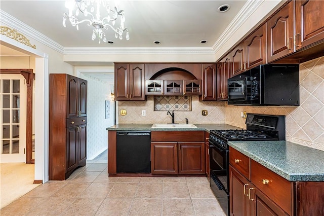 4045 Blue Willow, Hempfield Twp, PA 15642 - kitchen with black appliances, ornamental molding, tasteful backsplash, dark countertops, and a chandelier