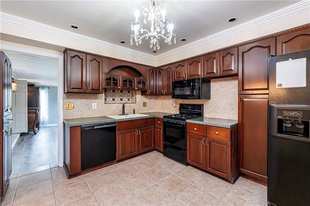 4045 Blue Willow, Hempfield Twp, PA 15642 - kitchen featuring black appliances, open shelves, a chandelier, crown molding, and decorative backsplash